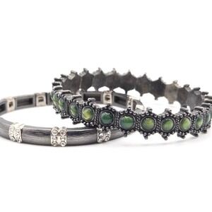 Set‎ of Two Beaded Stretch Bracelets Green Stone and Crystal Accents